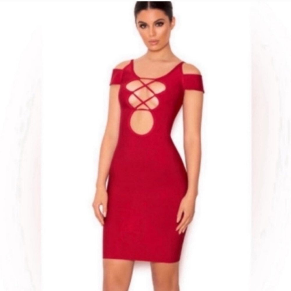 House of CB Vitella Lace Up Bardot Sleeve Bandage Mini Dress